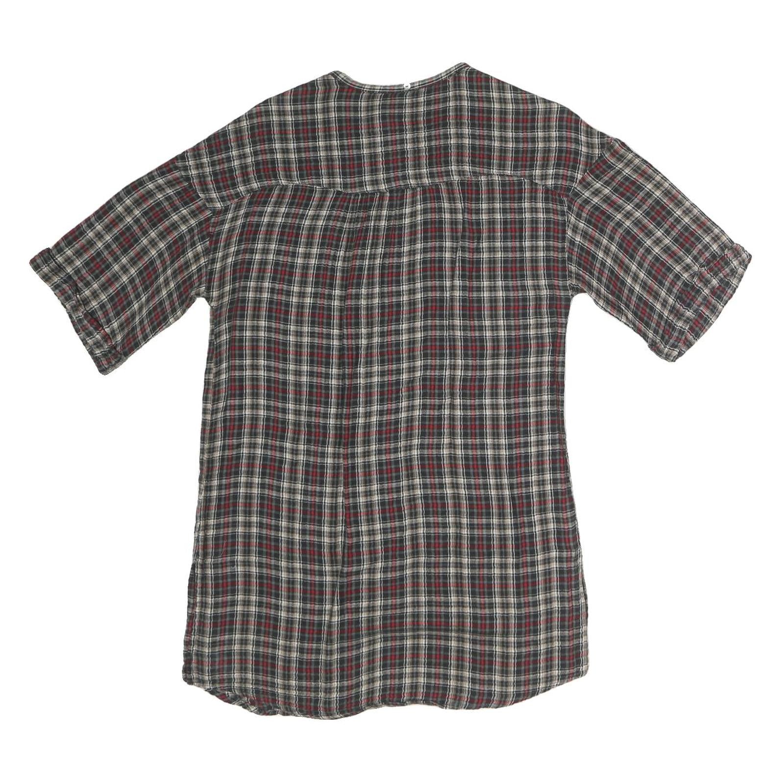 ZARA Womens Grey Red Black Checked V-Neck Short Sleeve Top XS Casual Everyday
