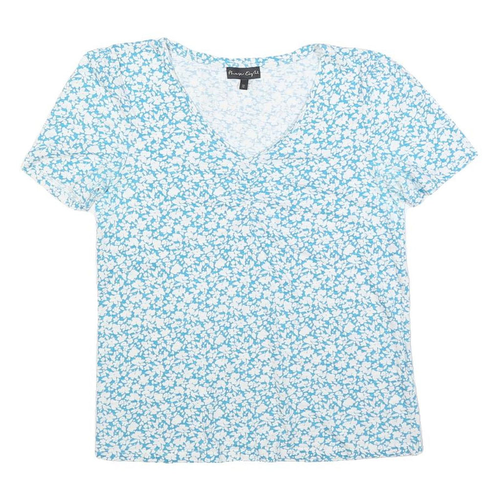 PHASE EIGHT Womens Blue & White Floral Cotton Blend Top Short Sleeve V-Neck UK
