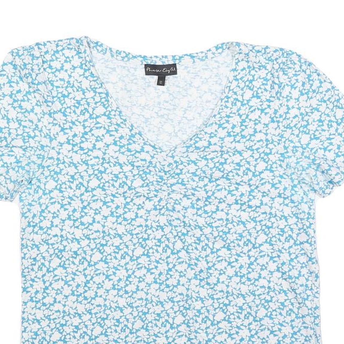 PHASE EIGHT Womens Blue & White Floral Cotton Blend Top Short Sleeve V-Neck UK