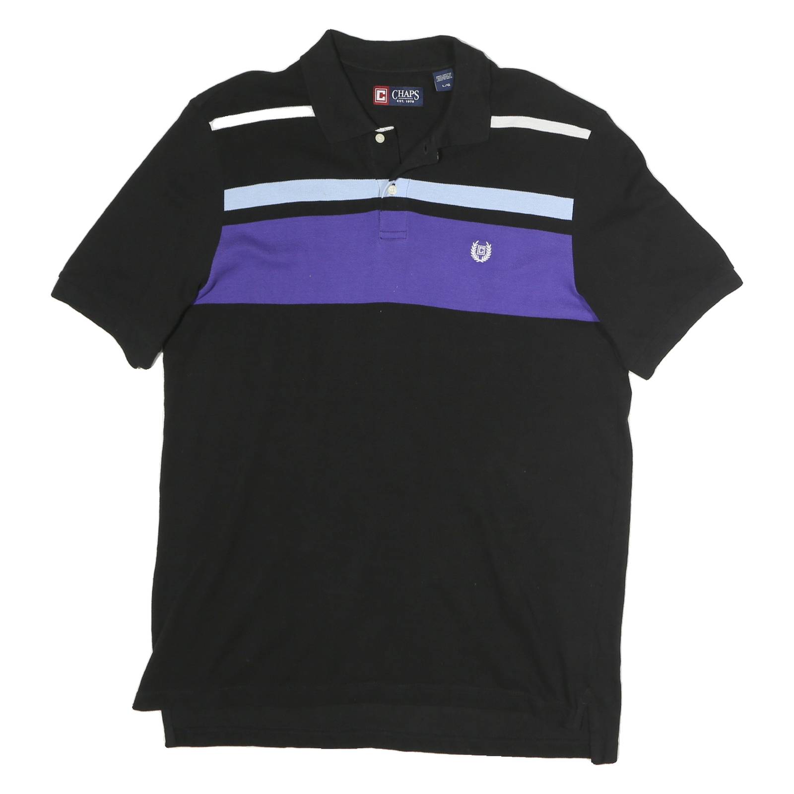 CHAPS Mens Black & Purple Cotton Short Sleeve Polo Shirt L Classic Stripe Design