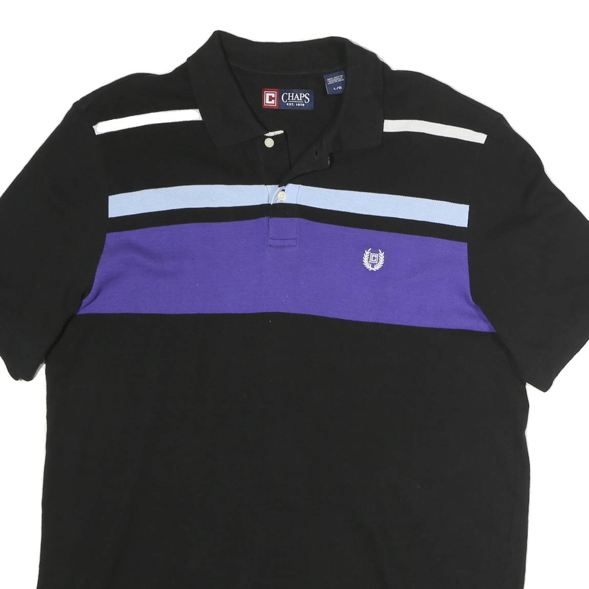 CHAPS Mens Black & Purple Cotton Short Sleeve Polo Shirt L Classic Stripe Design