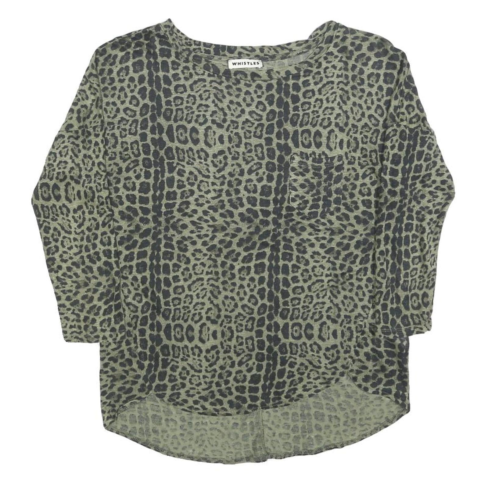WHISTLES Womens Green & Black Printed Basic Top Long Sleeve Round Neck S Linen