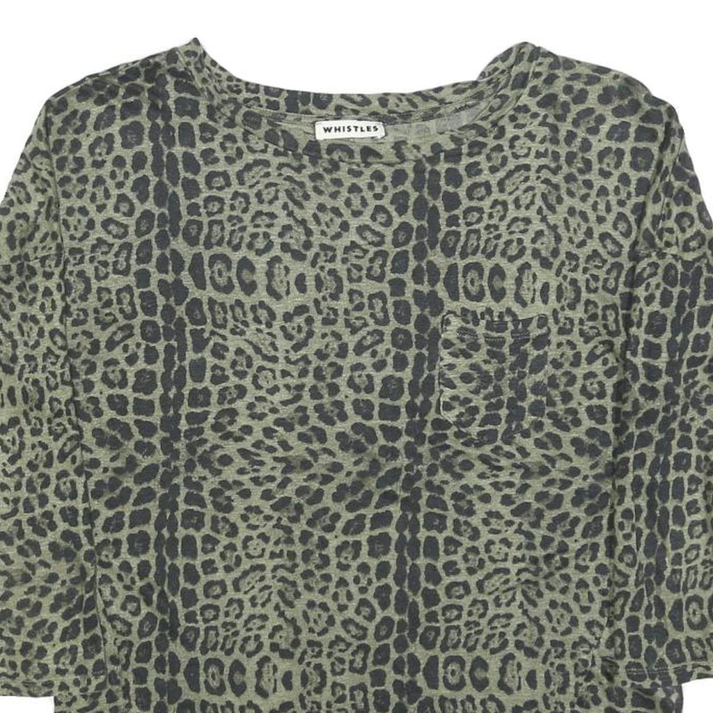 WHISTLES Womens Green & Black Printed Basic Top Long Sleeve Round Neck S Linen