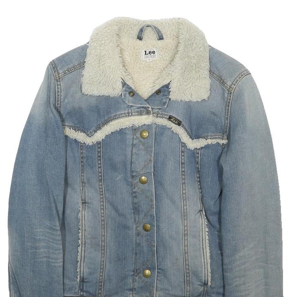 LEE Womens Blue Denim Jacket S Cotton Blend Sherpa Collar Button Closure Classic