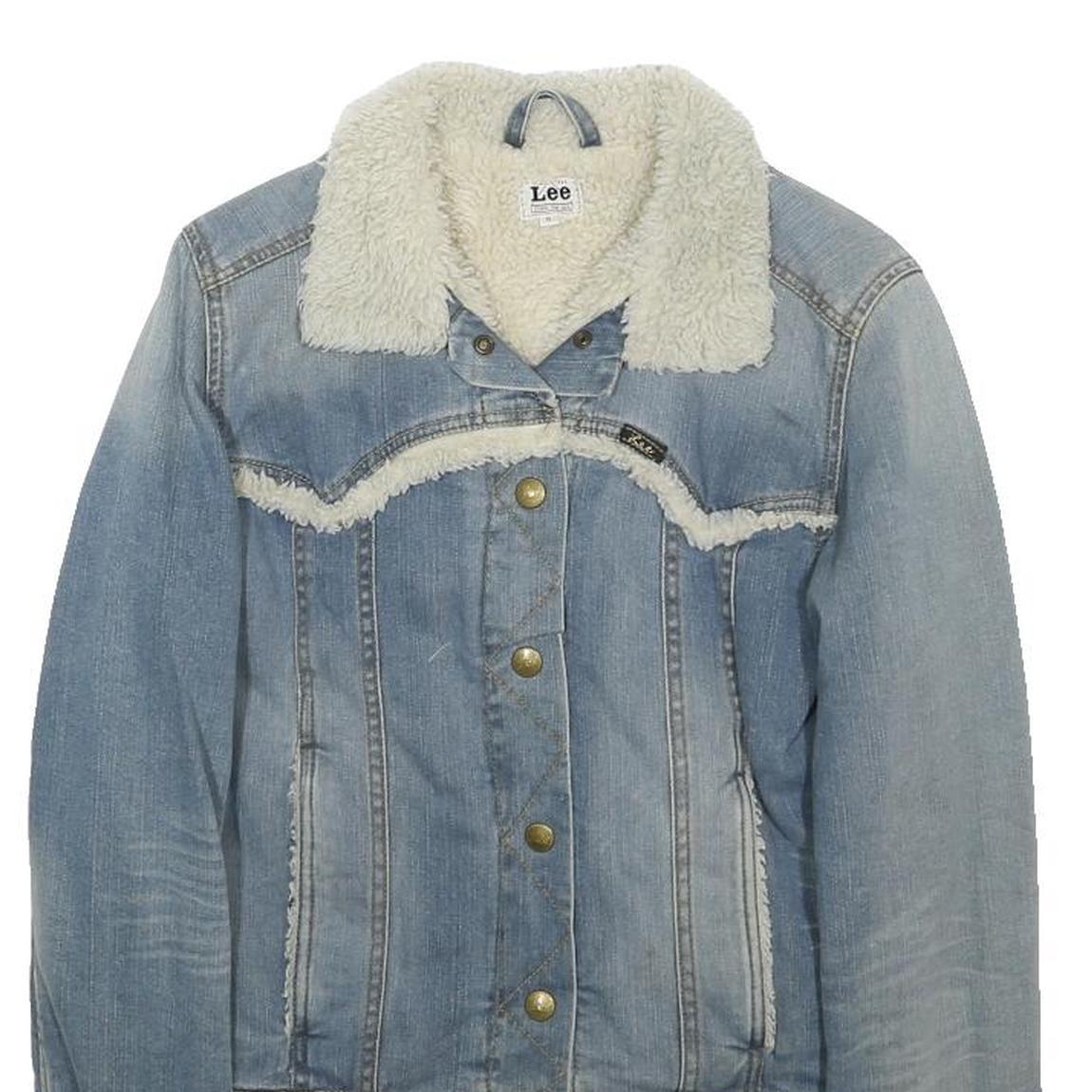 LEE Womens Blue Denim Jacket S Cotton Blend Sherpa Collar Button Closure Classic