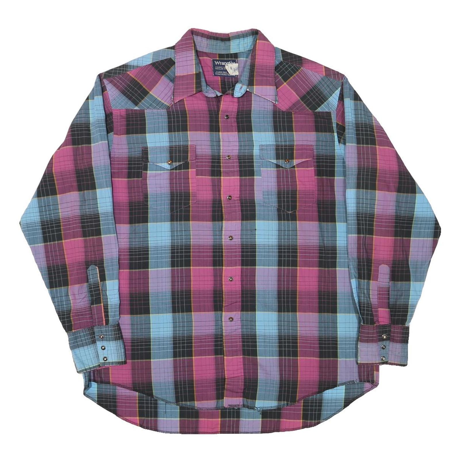 WRANGLER Mens Blue & Pink Check Shirt XL Western Cotton Blend Long Sleeve