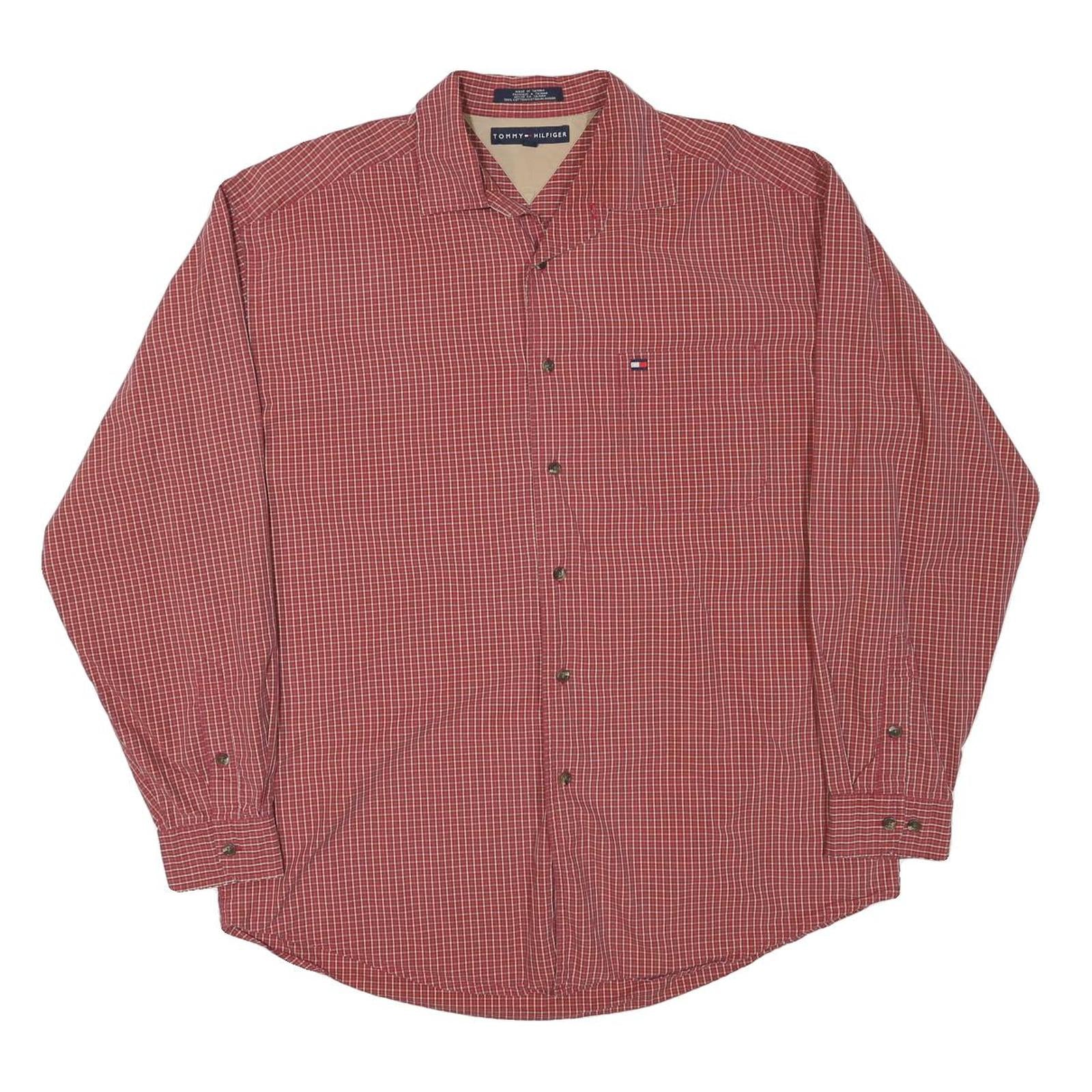 TOMMY HILFIGER Mens Red Check Shirt L Casual Cotton Blend Long Sleeve Button