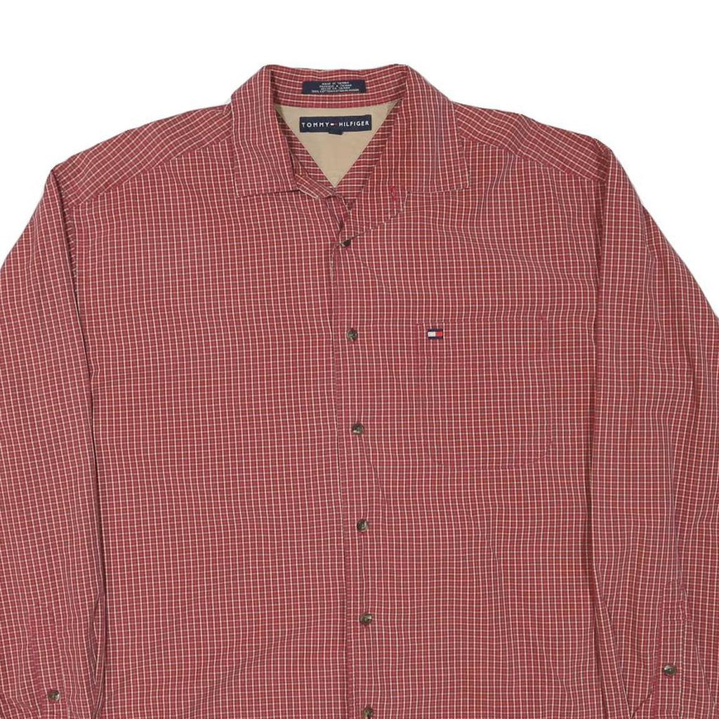 TOMMY HILFIGER Mens Red Check Shirt L Casual Cotton Blend Long Sleeve Button