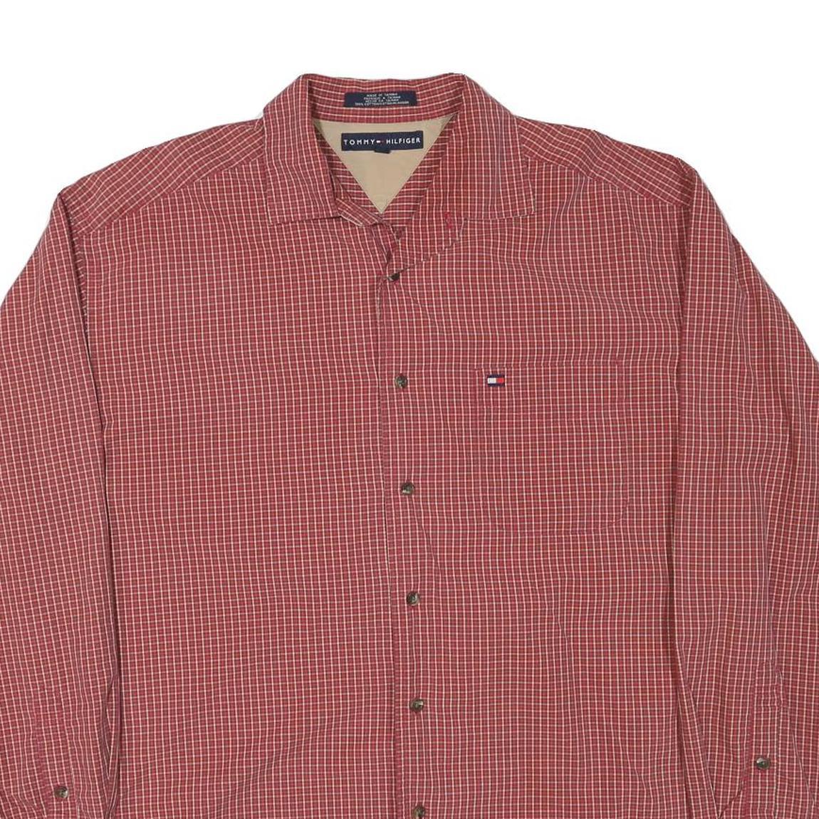 TOMMY HILFIGER Mens Red Check Shirt L Casual Cotton Blend Long Sleeve Button