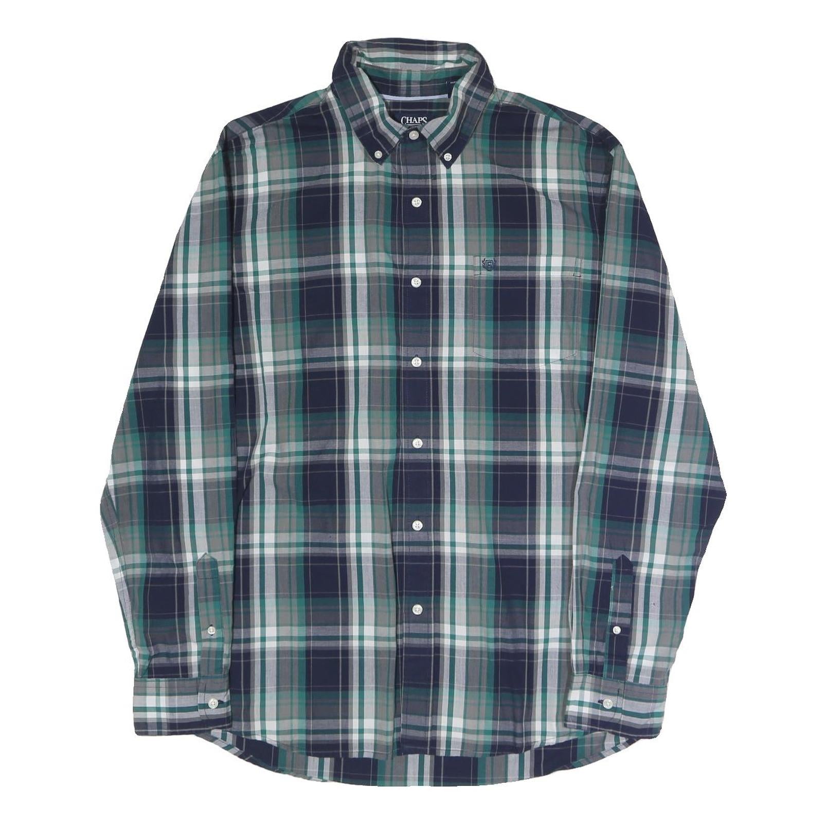 CHAPS Mens Blue Green Plaid Shirt XL Button-Down Collar Long Sleeve Cotton Blend