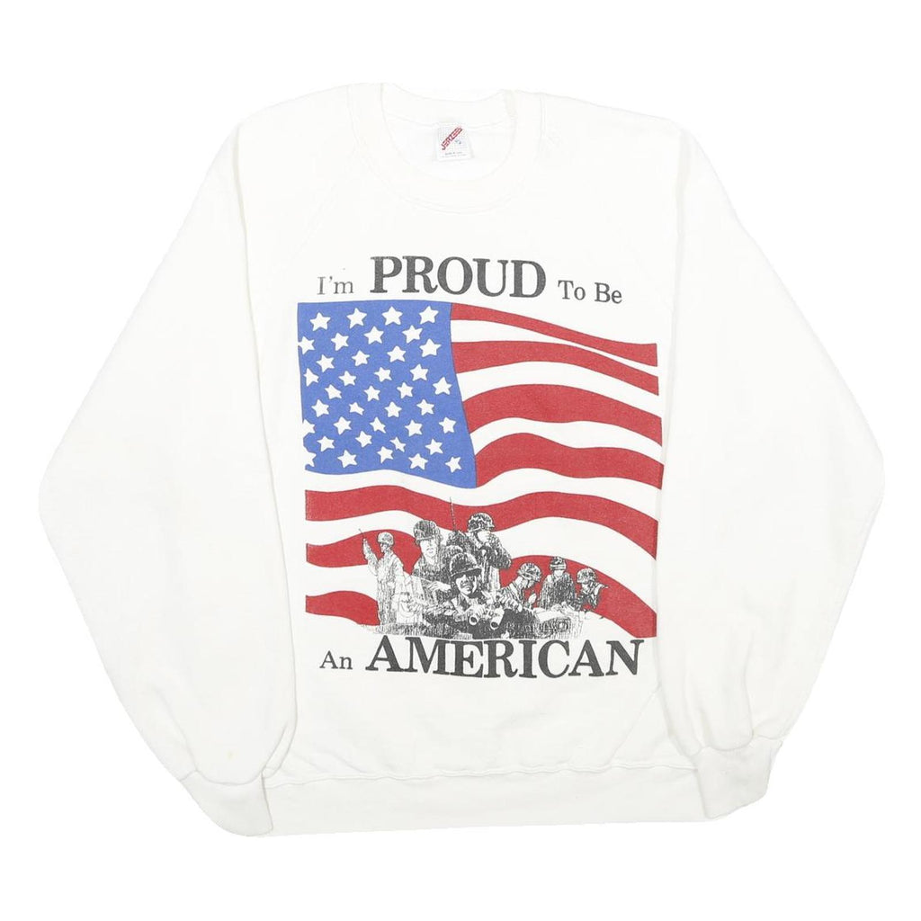 JERZEES Mens White I'm Proud To Be An American Crew Neck XL Printed Sweatshirt