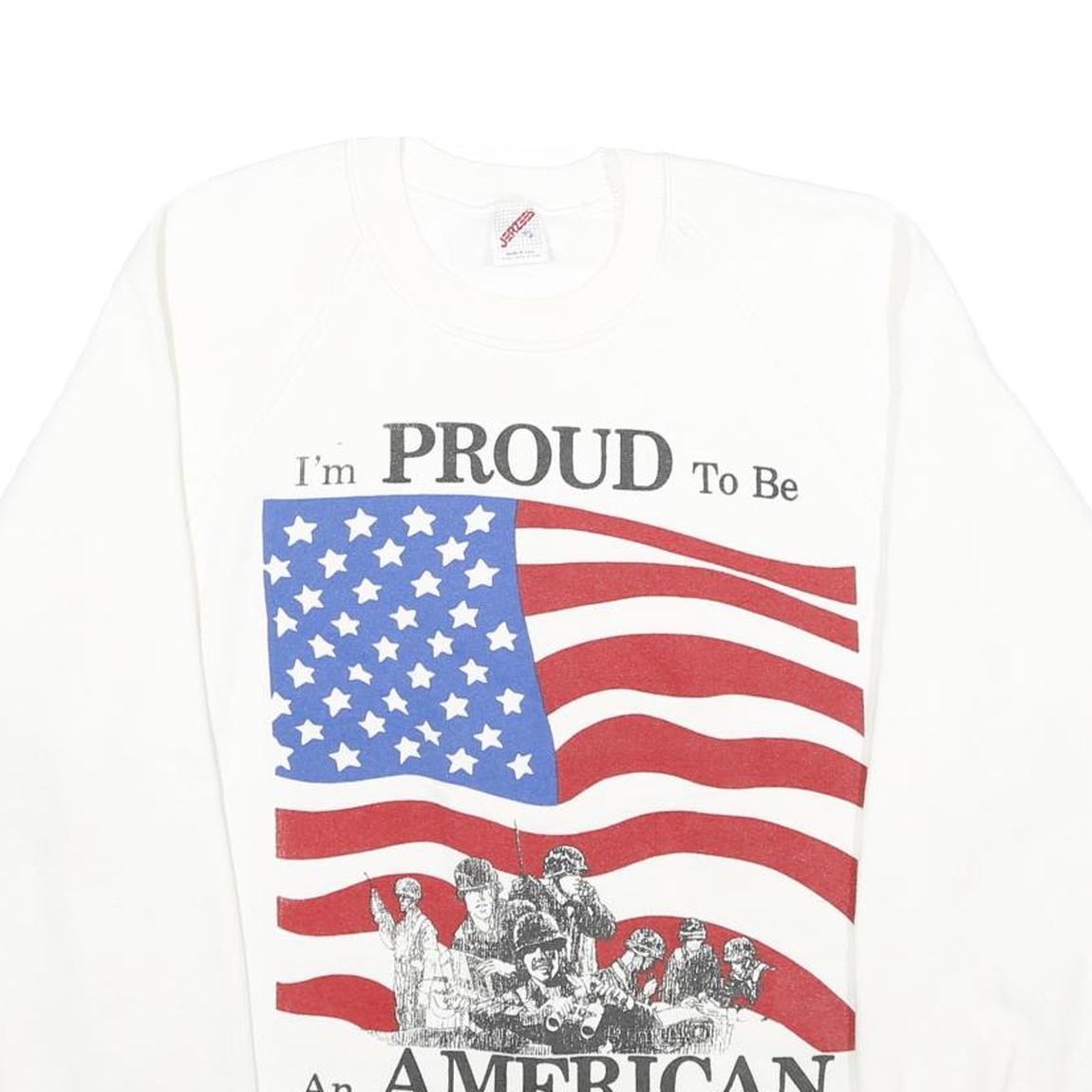JERZEES Mens White I'm Proud To Be An American Crew Neck XL Printed Sweatshirt