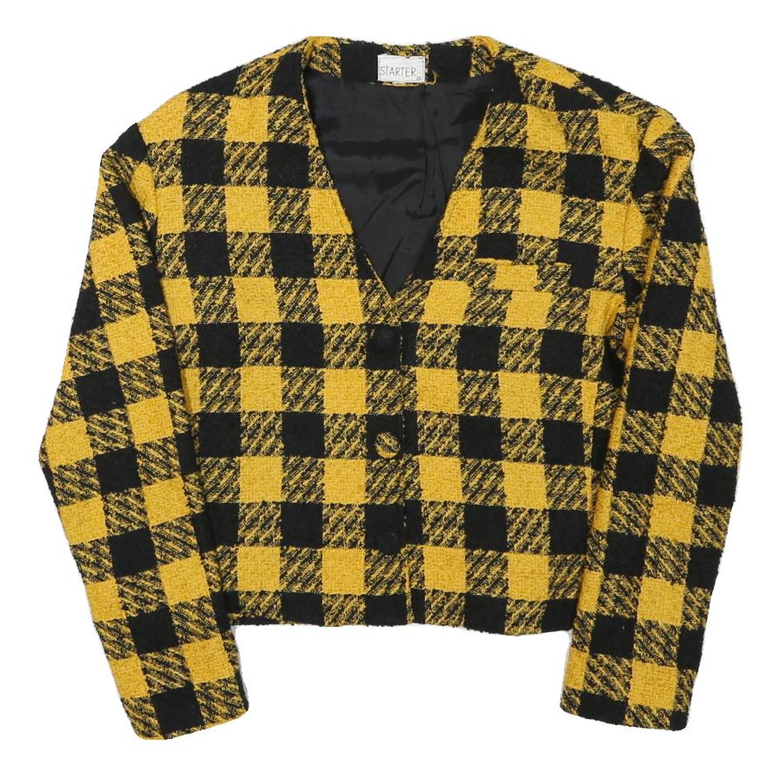 STARTER Womens Yellow & Black Check Button Jacket M Polyester Blend Cropped Fit