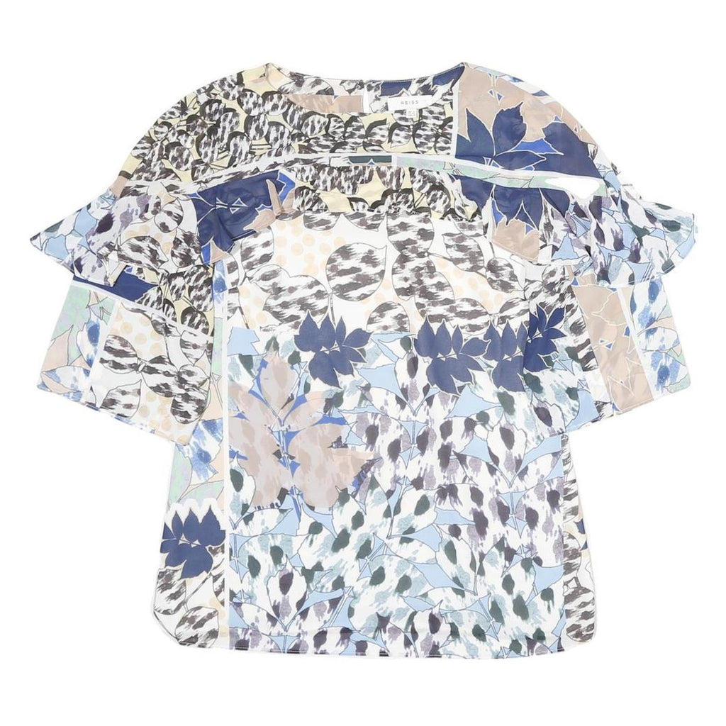 REISS Womens Blue Beige Printed Blouse Short Sleeve Round Neck UK 4 Patchwork
