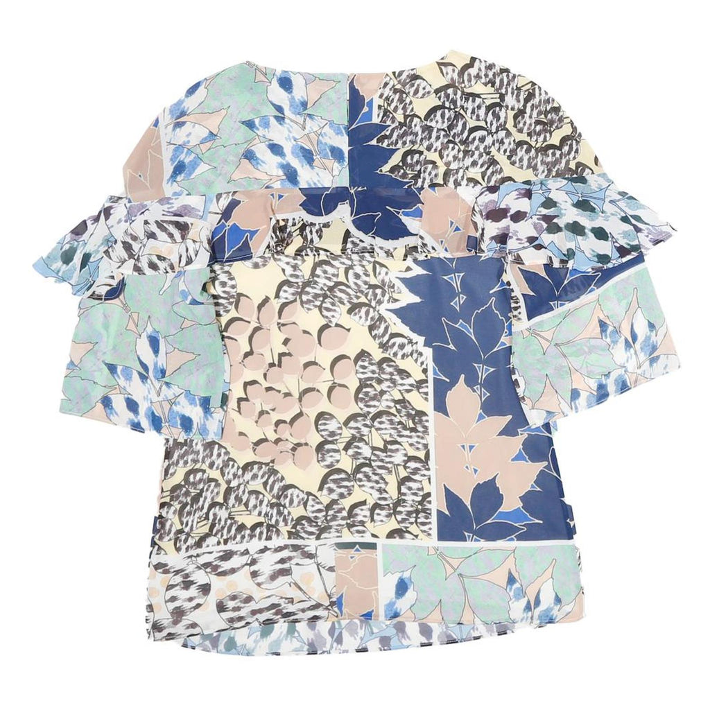 REISS Womens Blue Beige Printed Blouse Short Sleeve Round Neck UK 4 Patchwork