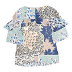 REISS Womens Blue Beige Printed Blouse Short Sleeve Round Neck UK 4 Patchwork
