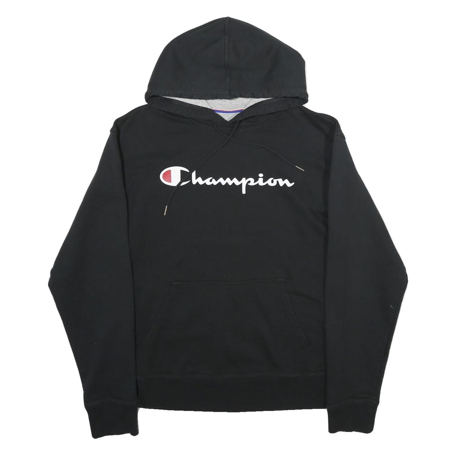 CHAMPION Mens Black Pullover Hoodie M Classic Script Logo Sweatshirt