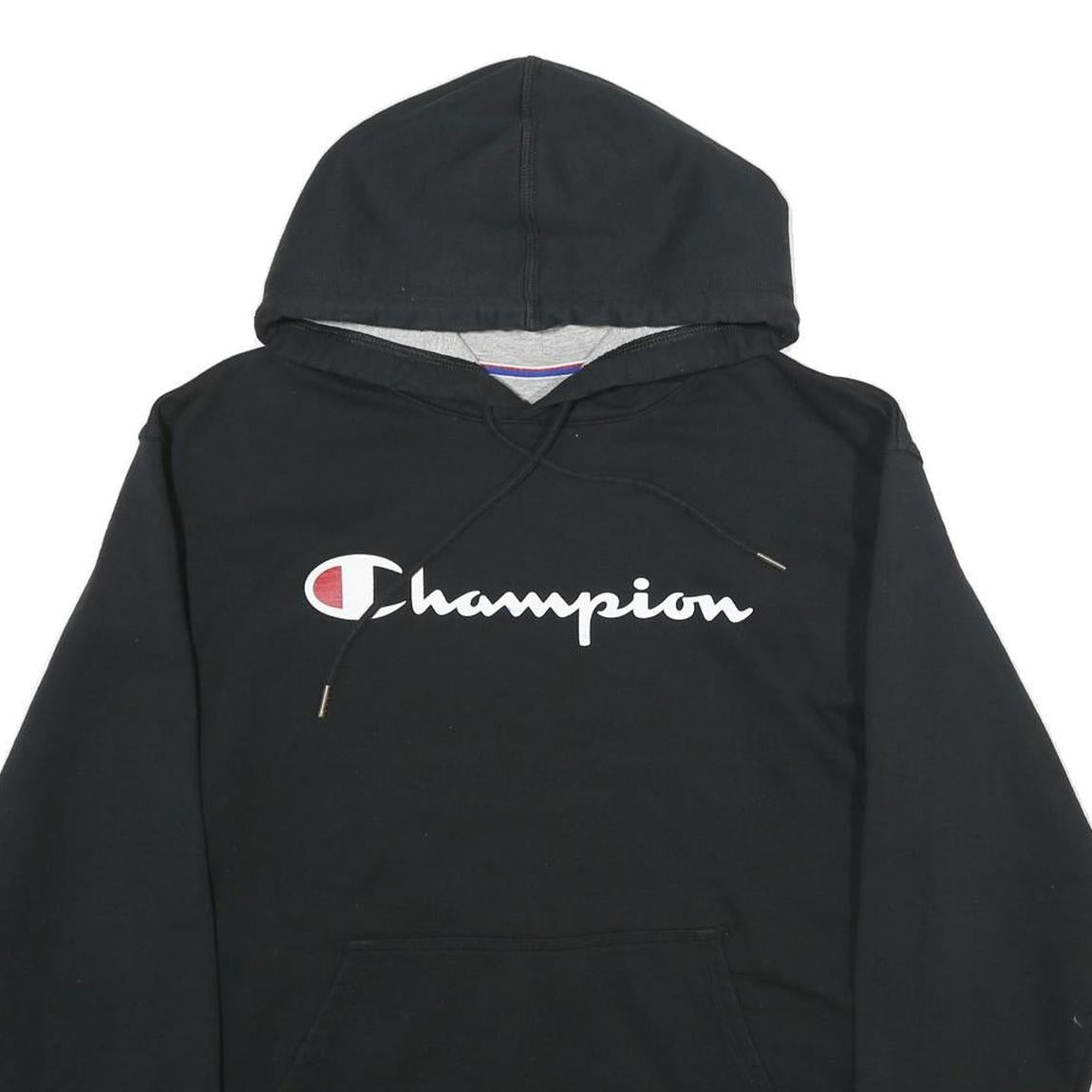 CHAMPION Mens Black Pullover Hoodie M Classic Script Logo Sweatshirt