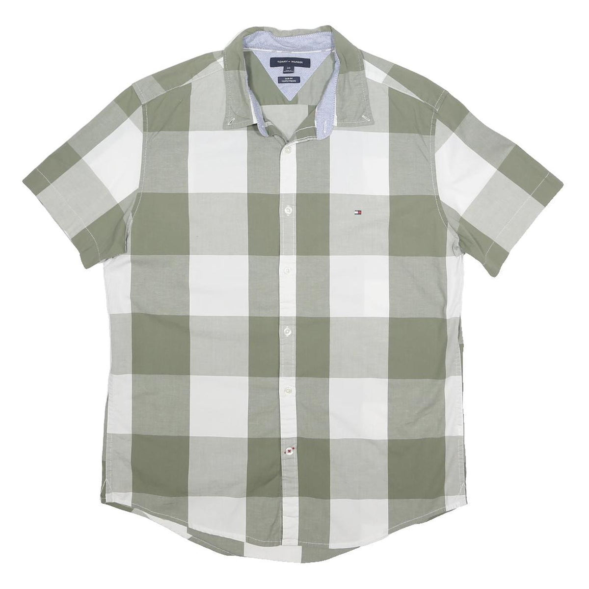 TOMMY HILFIGER Mens Green & White Check Shirt XL Cotton Casual Summer Short