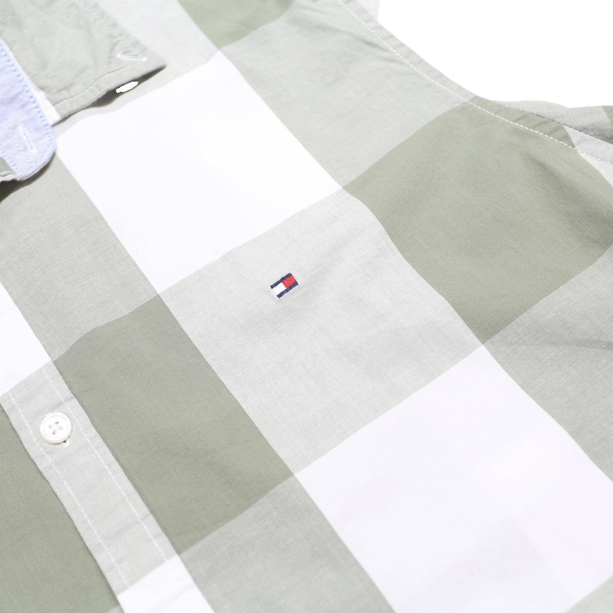TOMMY HILFIGER Mens Green & White Check Shirt XL Cotton Casual Summer Short