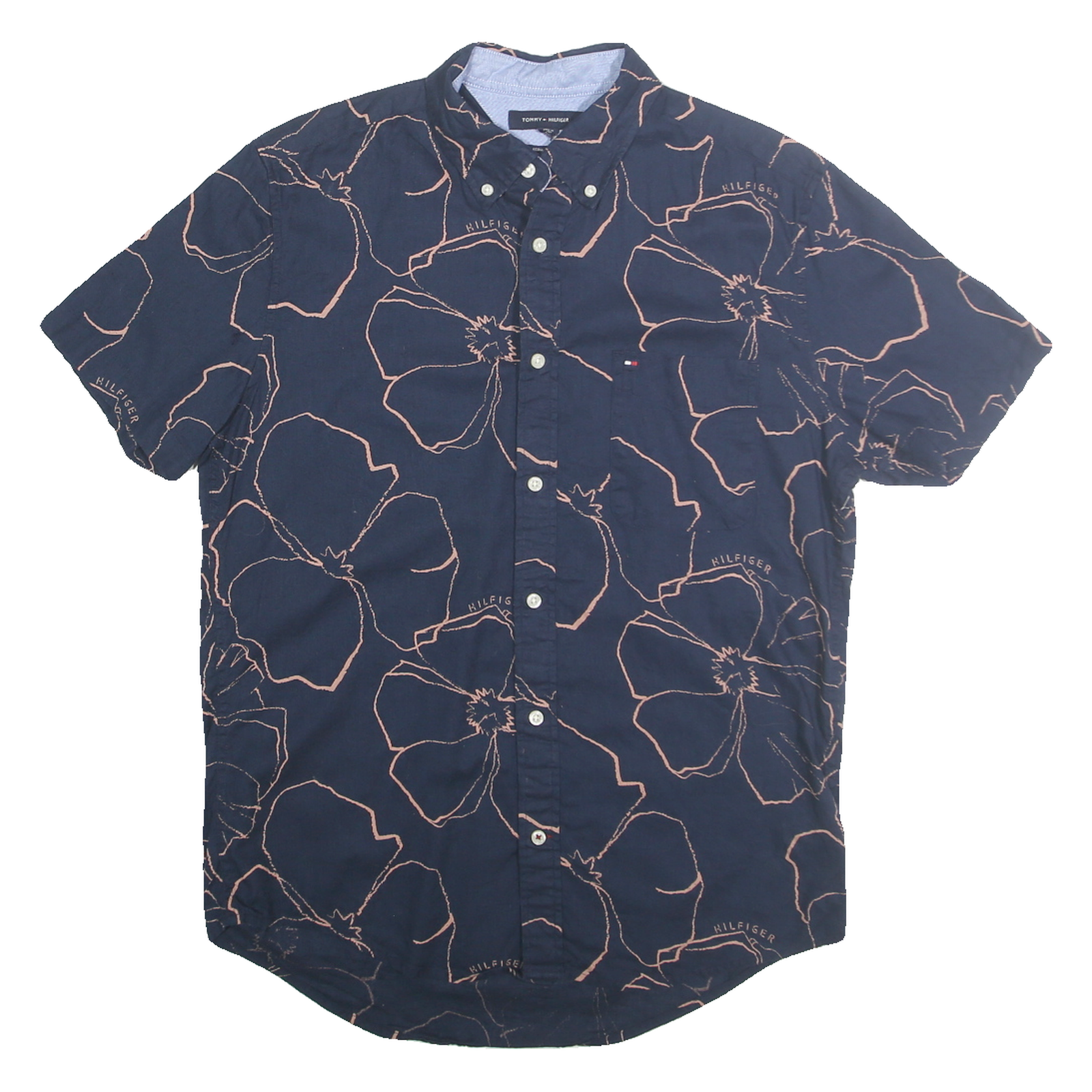 TOMMY HILFIGER Mens Navy Blue Floral Short Sleeve Shirt M Cotton Blend