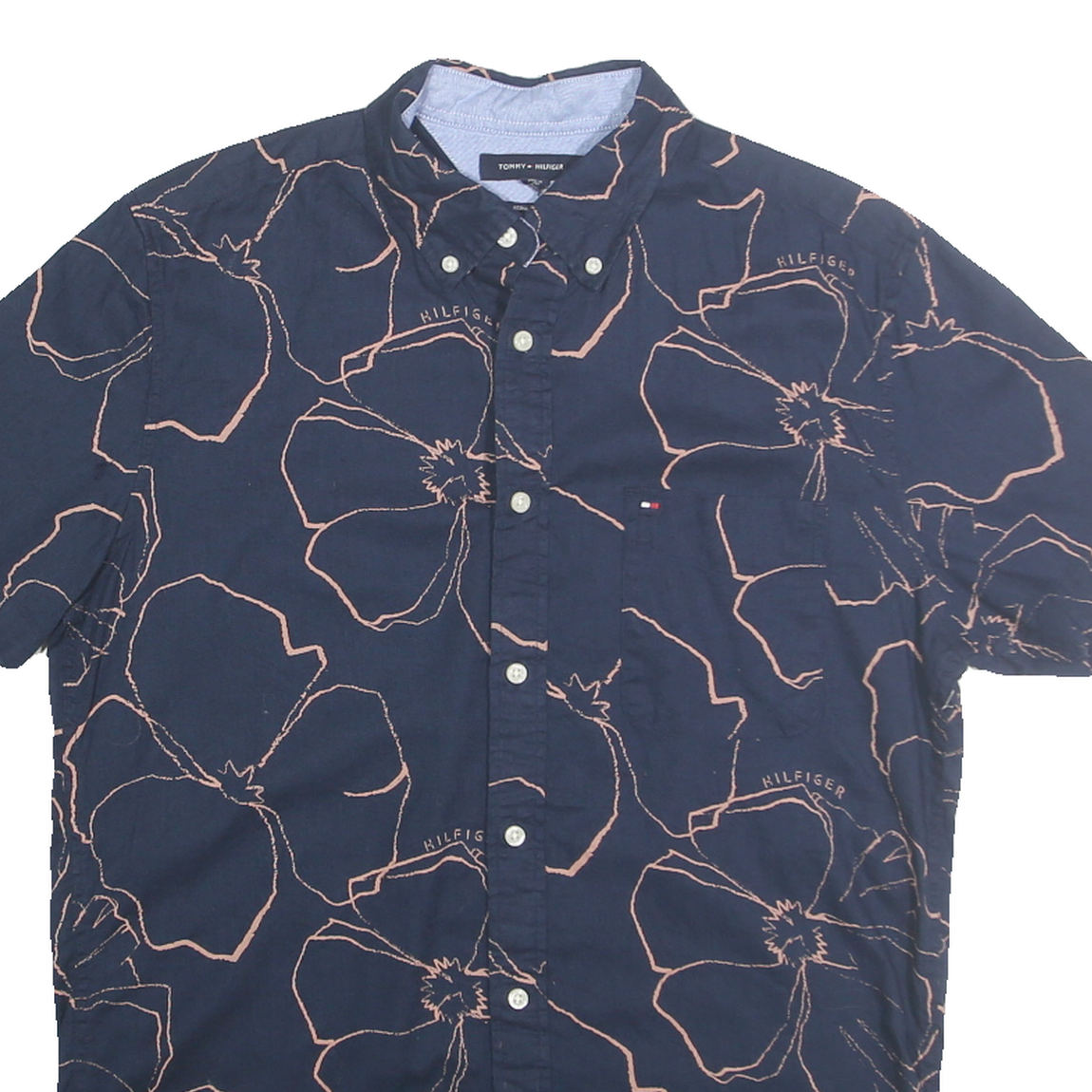 TOMMY HILFIGER Mens Navy Blue Floral Short Sleeve Shirt M Cotton Blend