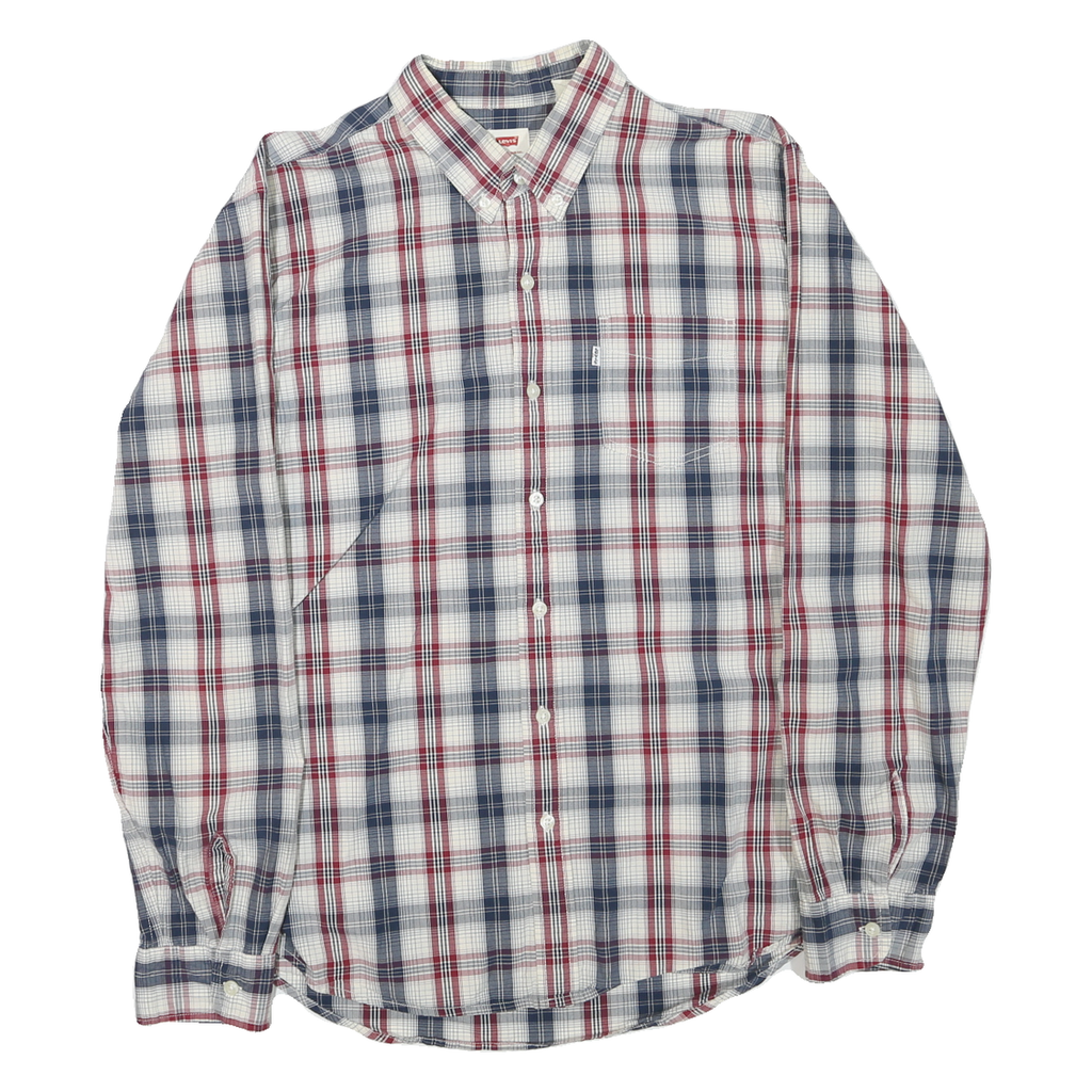 LEVI'S Mens White & Navy Blue Red Check Shirt L Cotton Blend Classic Button-Down