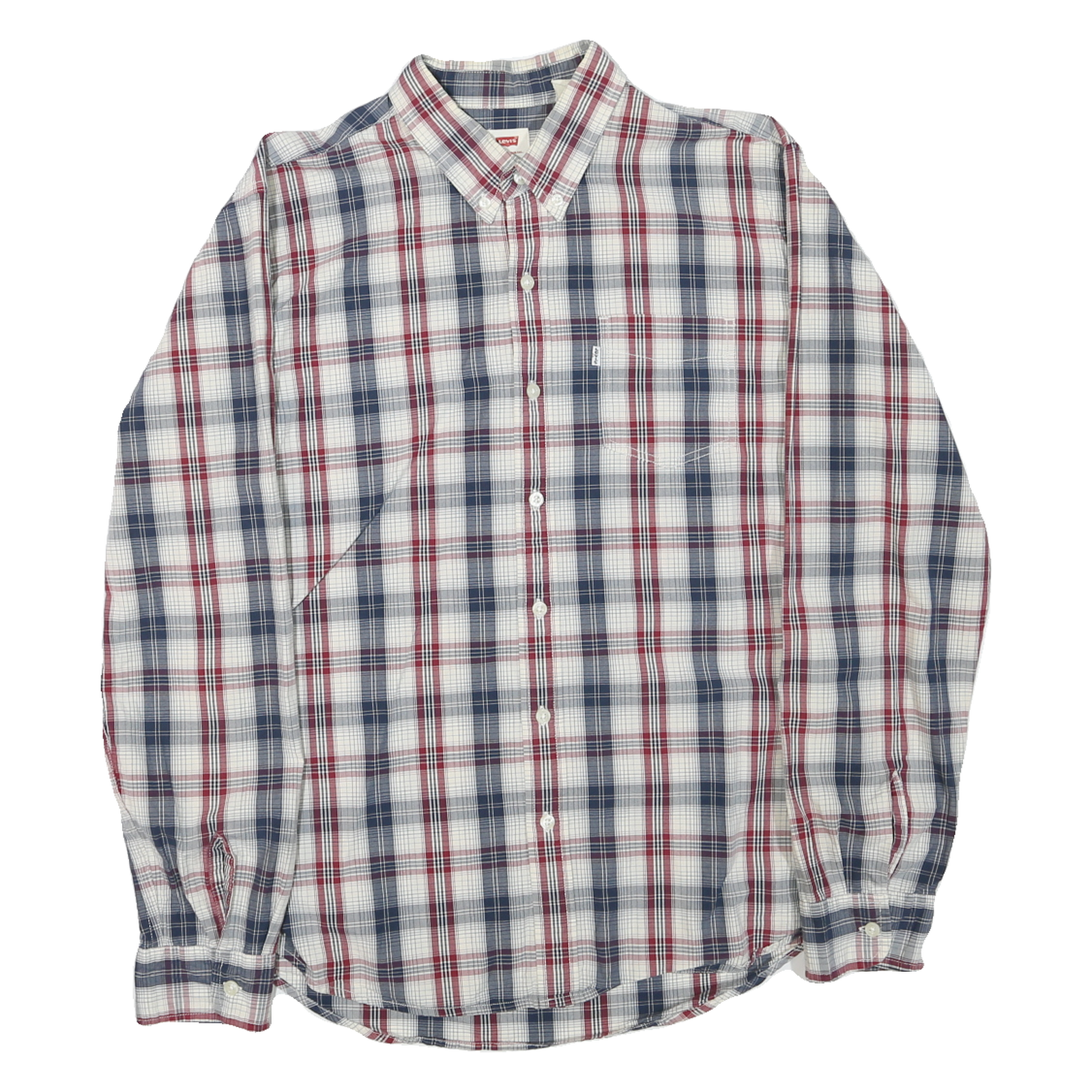 LEVI'S Mens White & Navy Blue Red Check Shirt L Cotton Blend Classic Button-Down