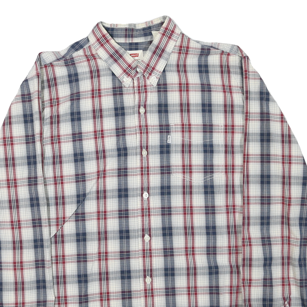LEVI'S Mens White & Navy Blue Red Check Shirt L Cotton Blend Classic Button-Down