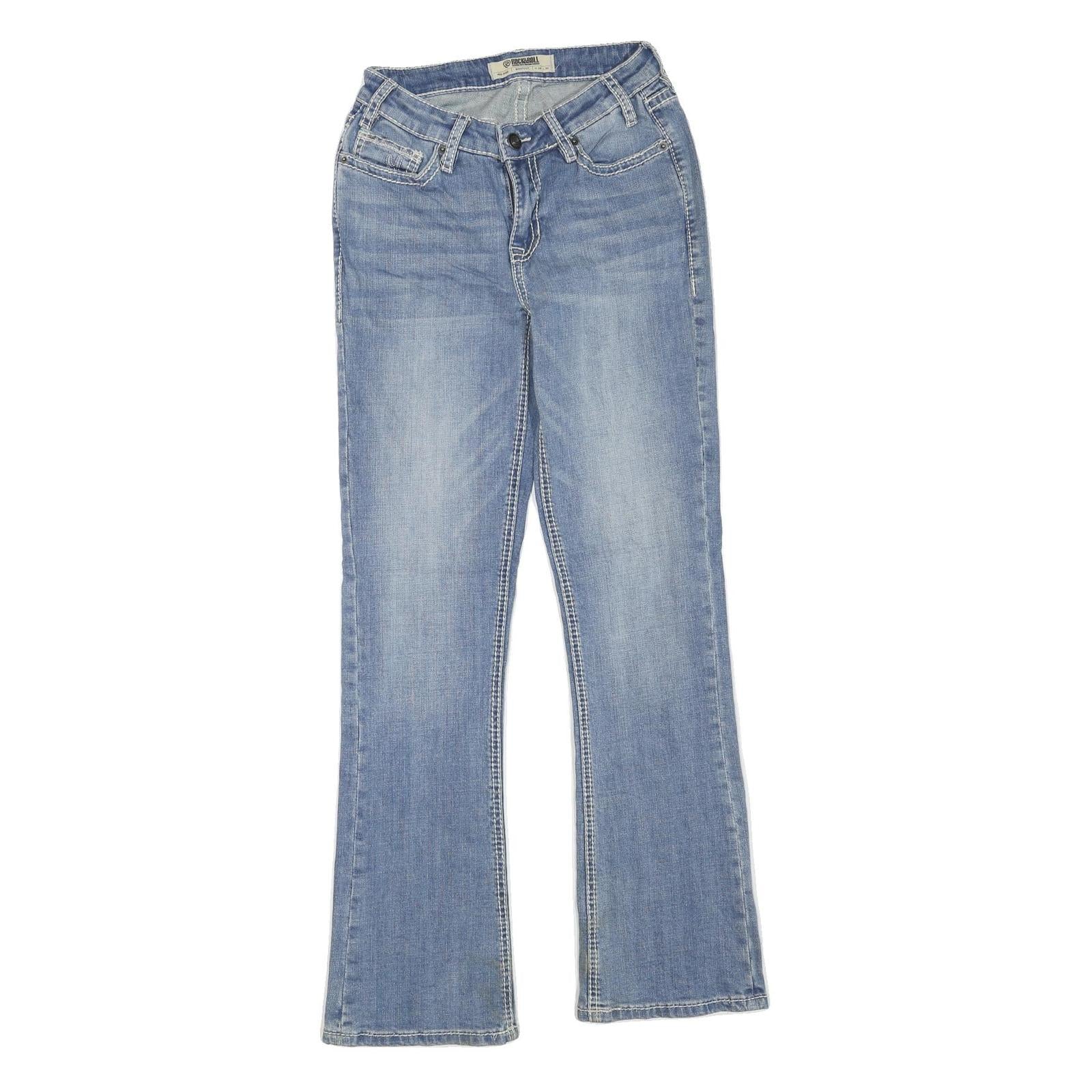 ROCK&ROLL Womens Jeans Blue Regular Flared Denim Medium W24 L32 Embroidered