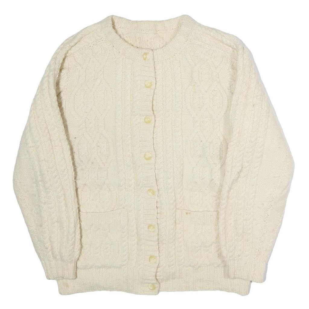 Womens Cream Plain Wool Cable Knit Button Up Jumper L Classic Knitwear Warm