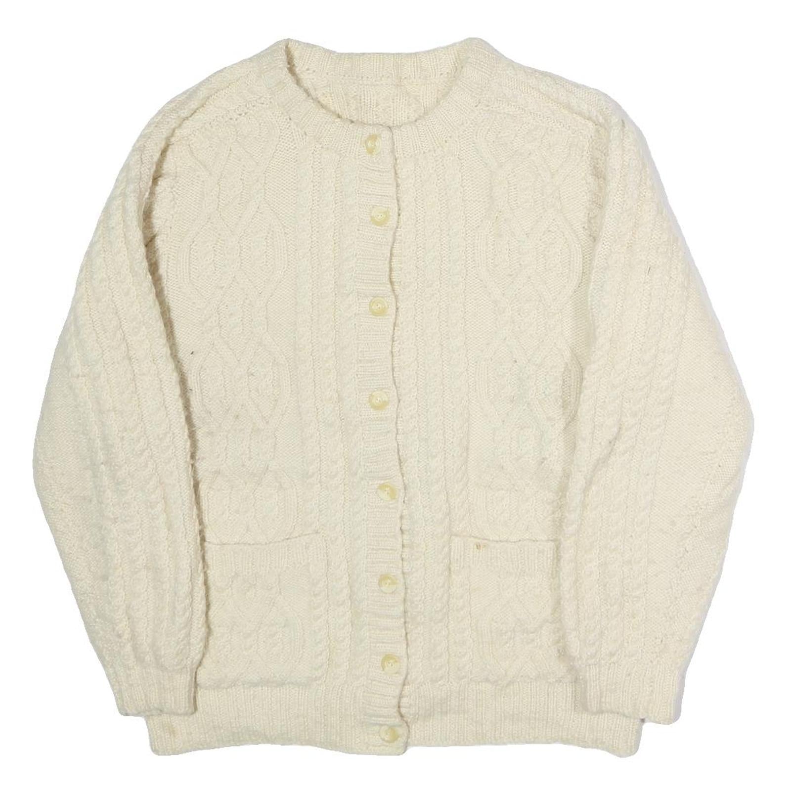 Womens Cream Plain Wool Cable Knit Button Up Jumper L Classic Knitwear Warm