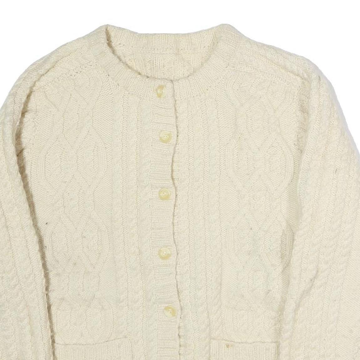 Womens Cream Plain Wool Cable Knit Button Up Jumper L Classic Knitwear Warm