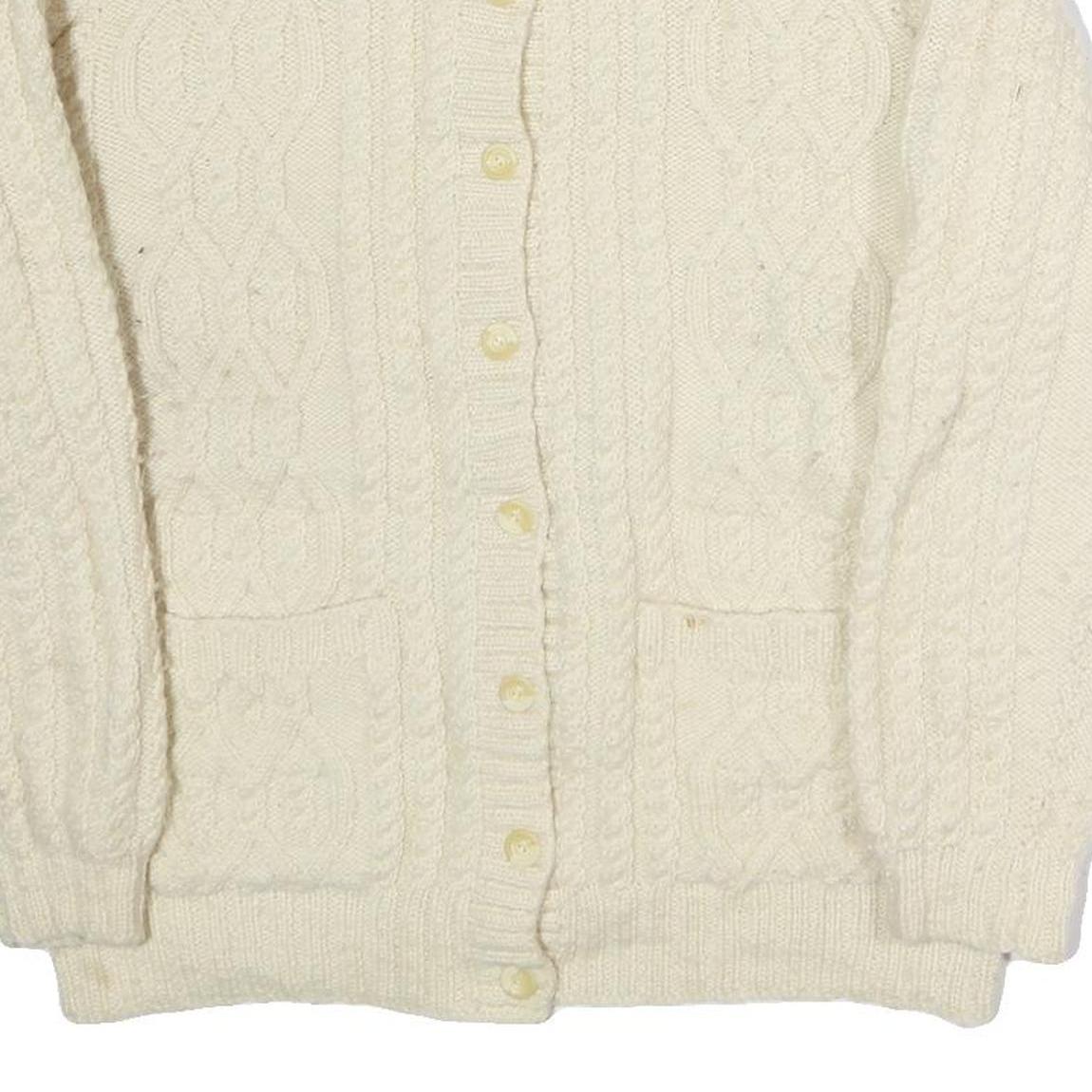 Womens Cream Plain Wool Cable Knit Button Up Jumper L Classic Knitwear Warm