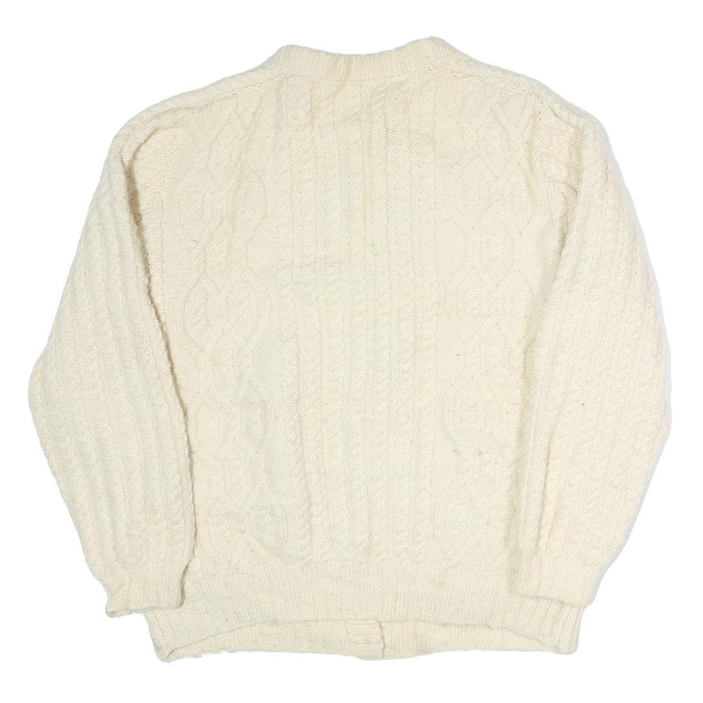 Womens Cream Plain Wool Cable Knit Button Up Jumper L Classic Knitwear Warm