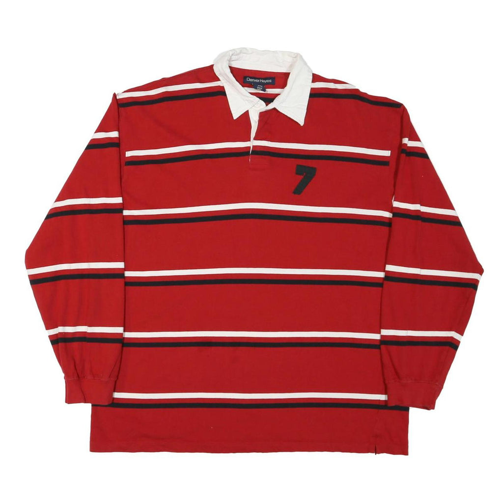 DENVER HAYES Mens Red & White Striped Long Sleeve Polo Shirt L Cotton Blend
