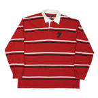DENVER HAYES Mens Red & White Striped Long Sleeve Polo Shirt L Cotton Blend