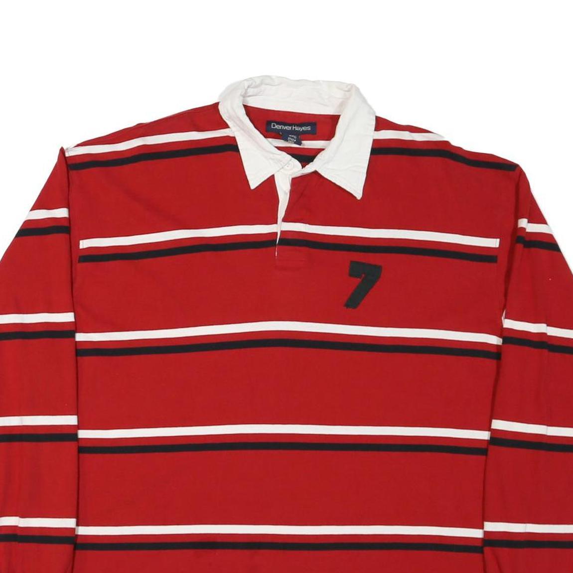 DENVER HAYES Mens Red & White Striped Long Sleeve Polo Shirt L Cotton Blend