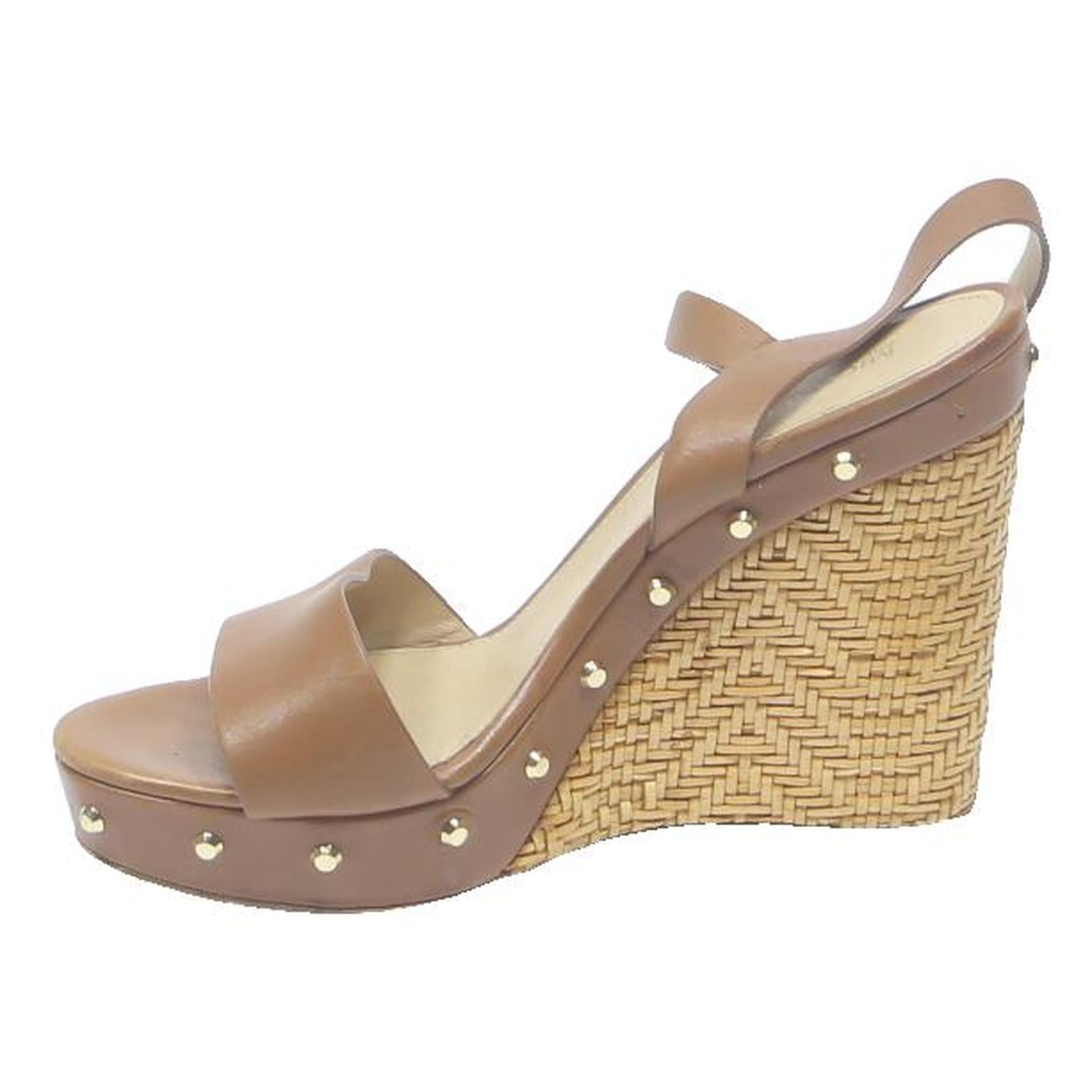MICHAEL KORS Womens Tan Leather Wedge Sandals UK 8 Stud Detail Open Toe