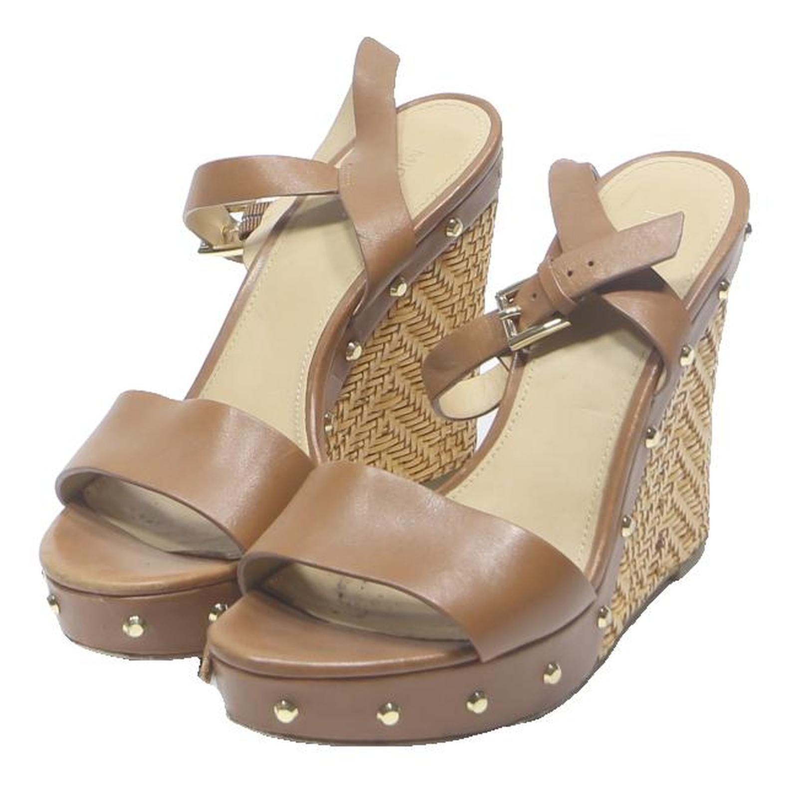 MICHAEL KORS Womens Tan Leather Wedge Sandals UK 8 Stud Detail Open Toe