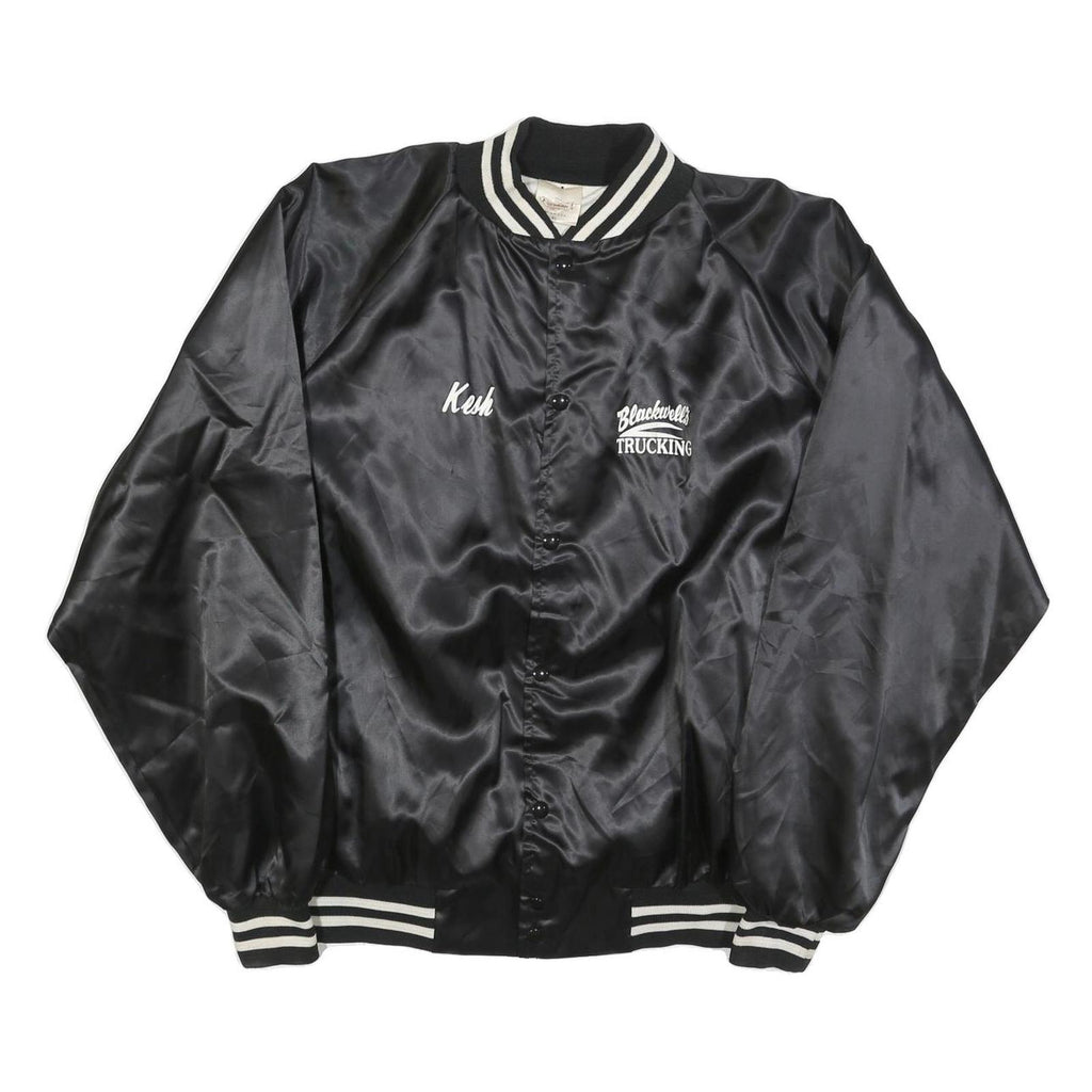 AUBURN Mens Black Satin Button XL Jacket Plain Classic Trucking Embroidered Logo