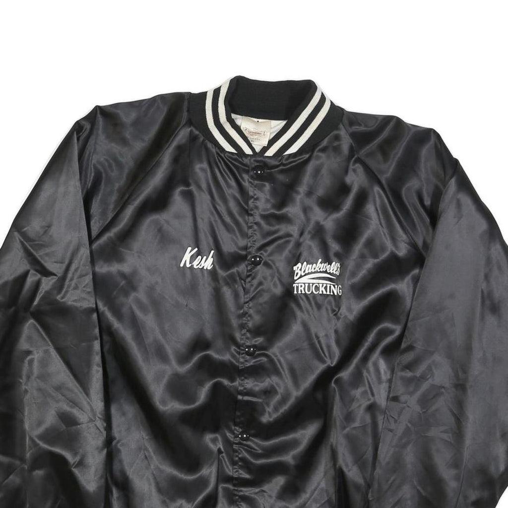 AUBURN Mens Black Satin Button XL Jacket Plain Classic Trucking Embroidered Logo
