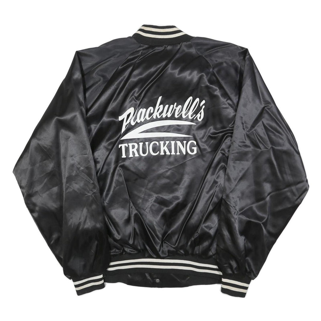 AUBURN Mens Black Satin Button XL Jacket Plain Classic Trucking Embroidered Logo