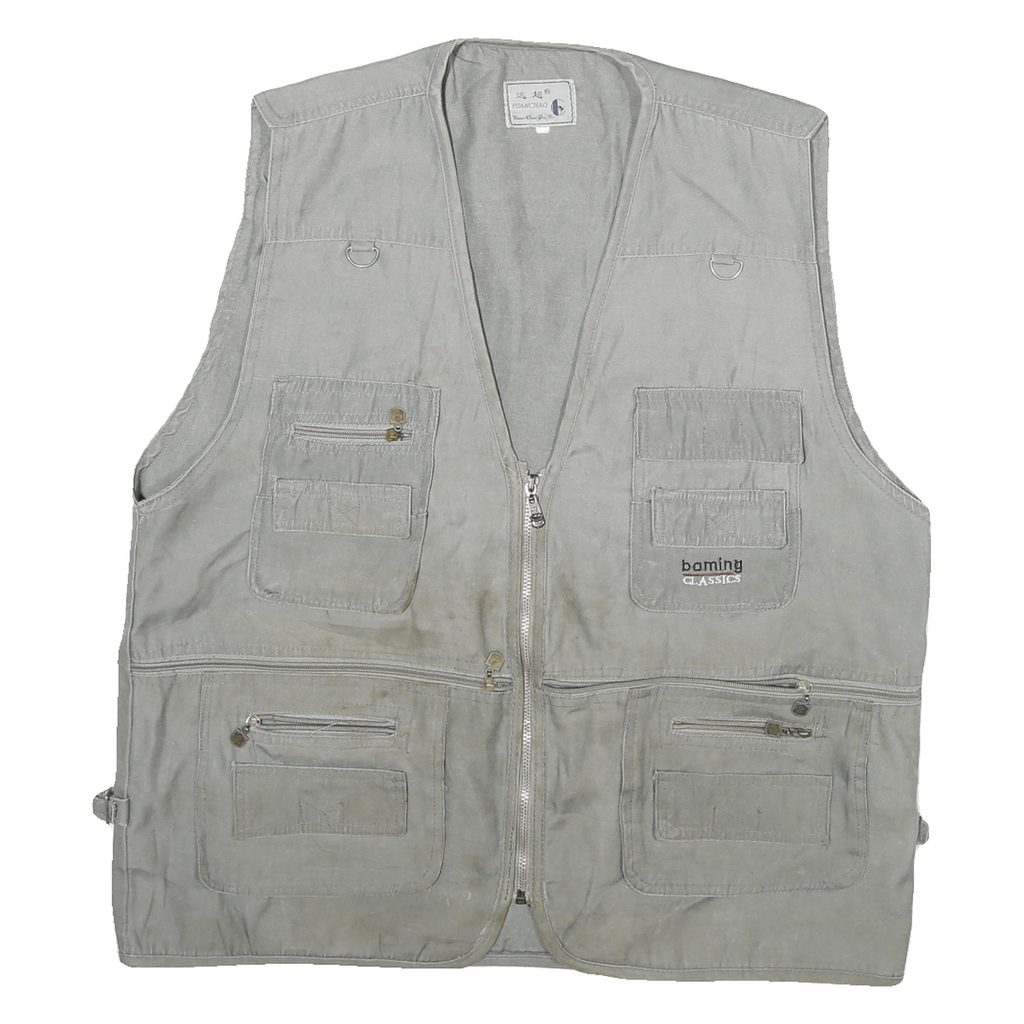 YUANCHAO Mens Grey Cotton Blend Utility Jacket M Casual Zip Pocket Multi