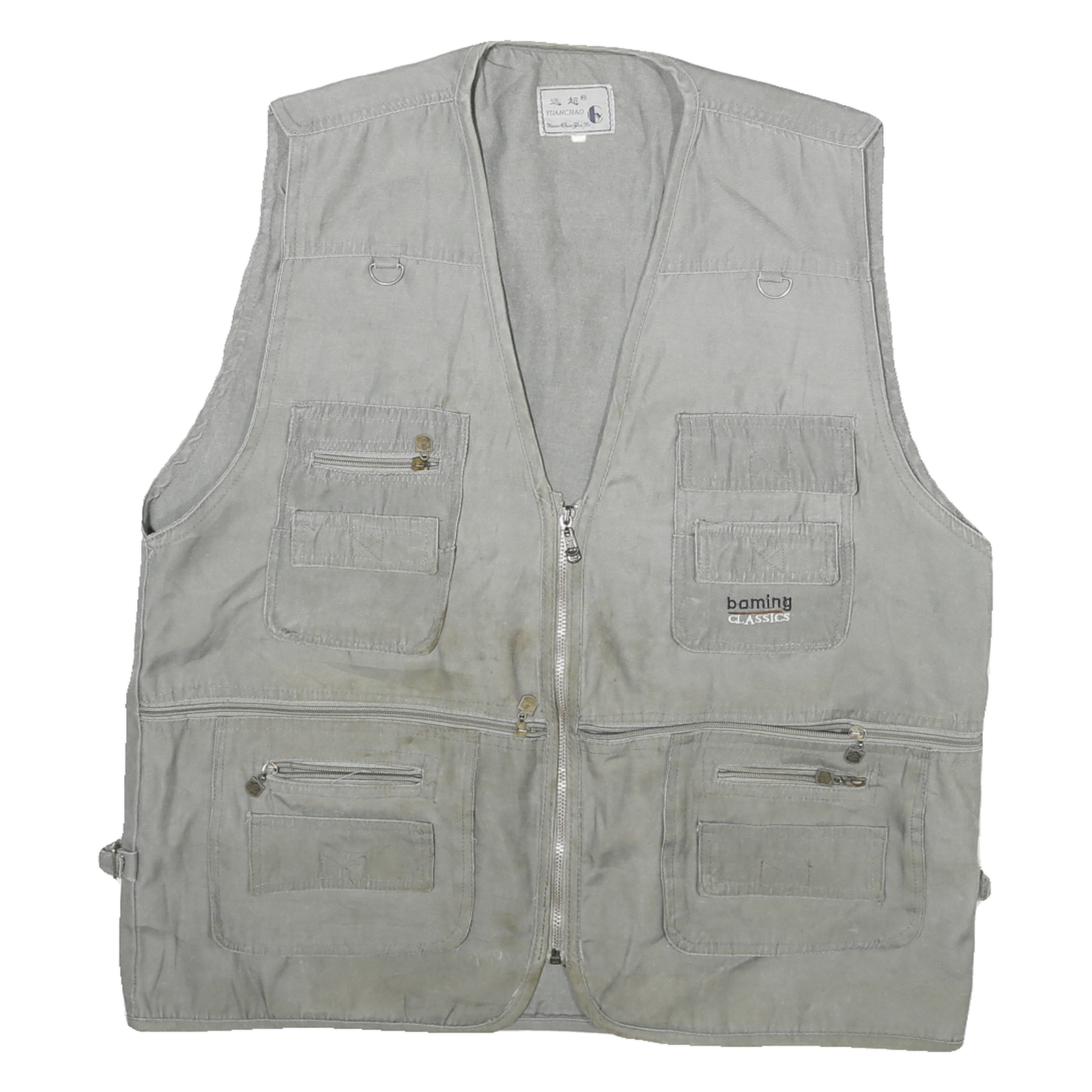 YUANCHAO Mens Grey Cotton Blend Utility Jacket M Casual Zip Pocket Multi