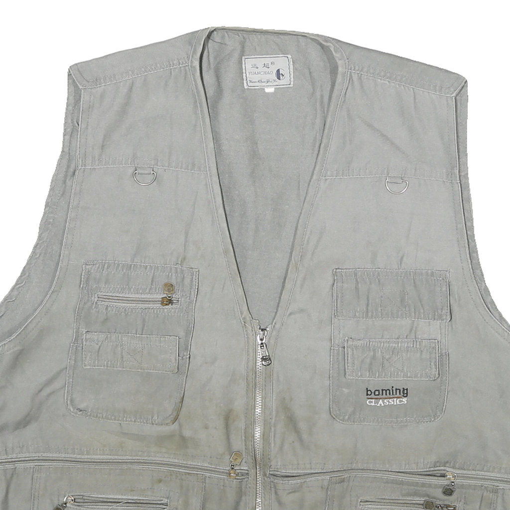 YUANCHAO Mens Grey Cotton Blend Utility Jacket M Casual Zip Pocket Multi