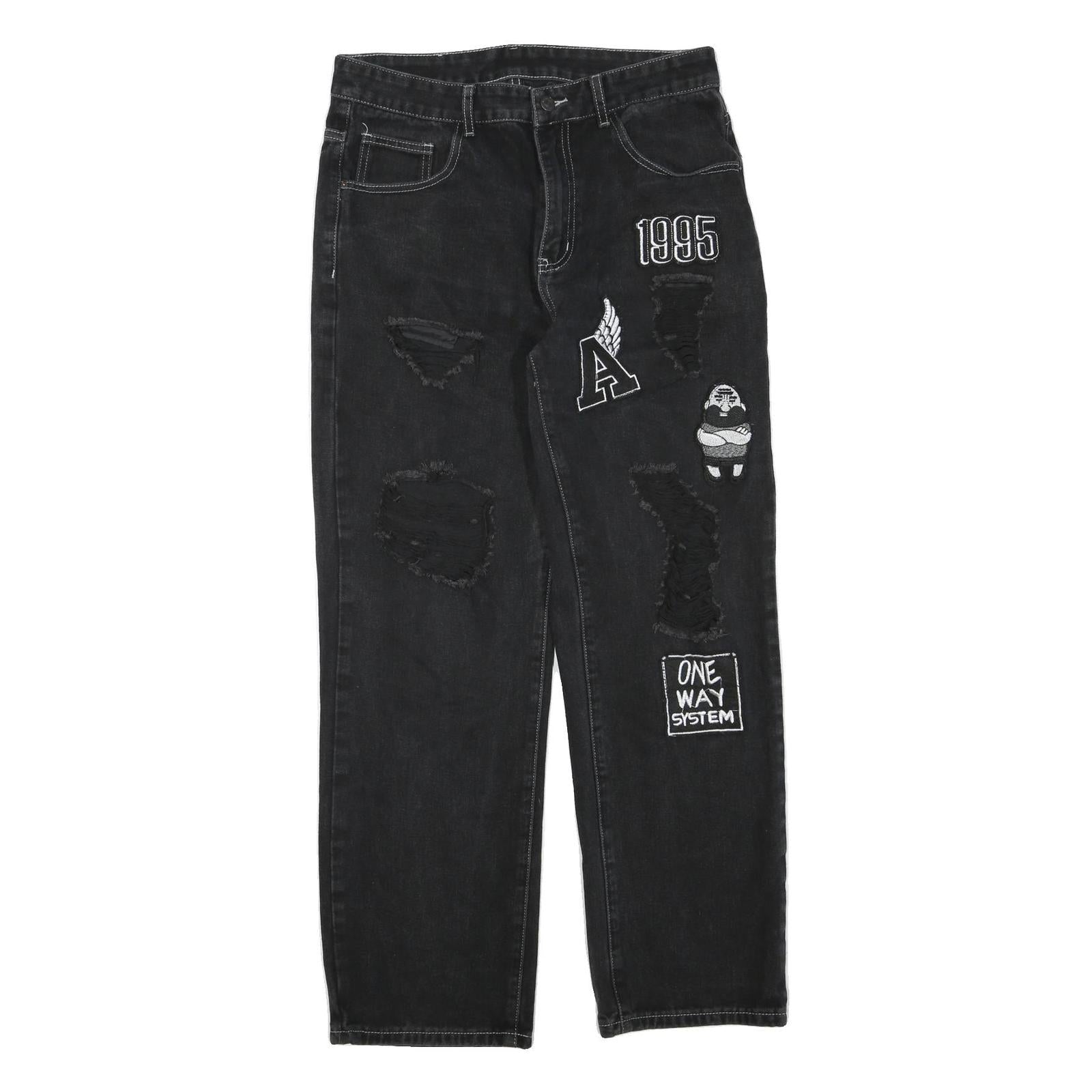 LEVI'S Mens Regular Black Denim Straight Cotton Blend W34 L30 Distressed Patch