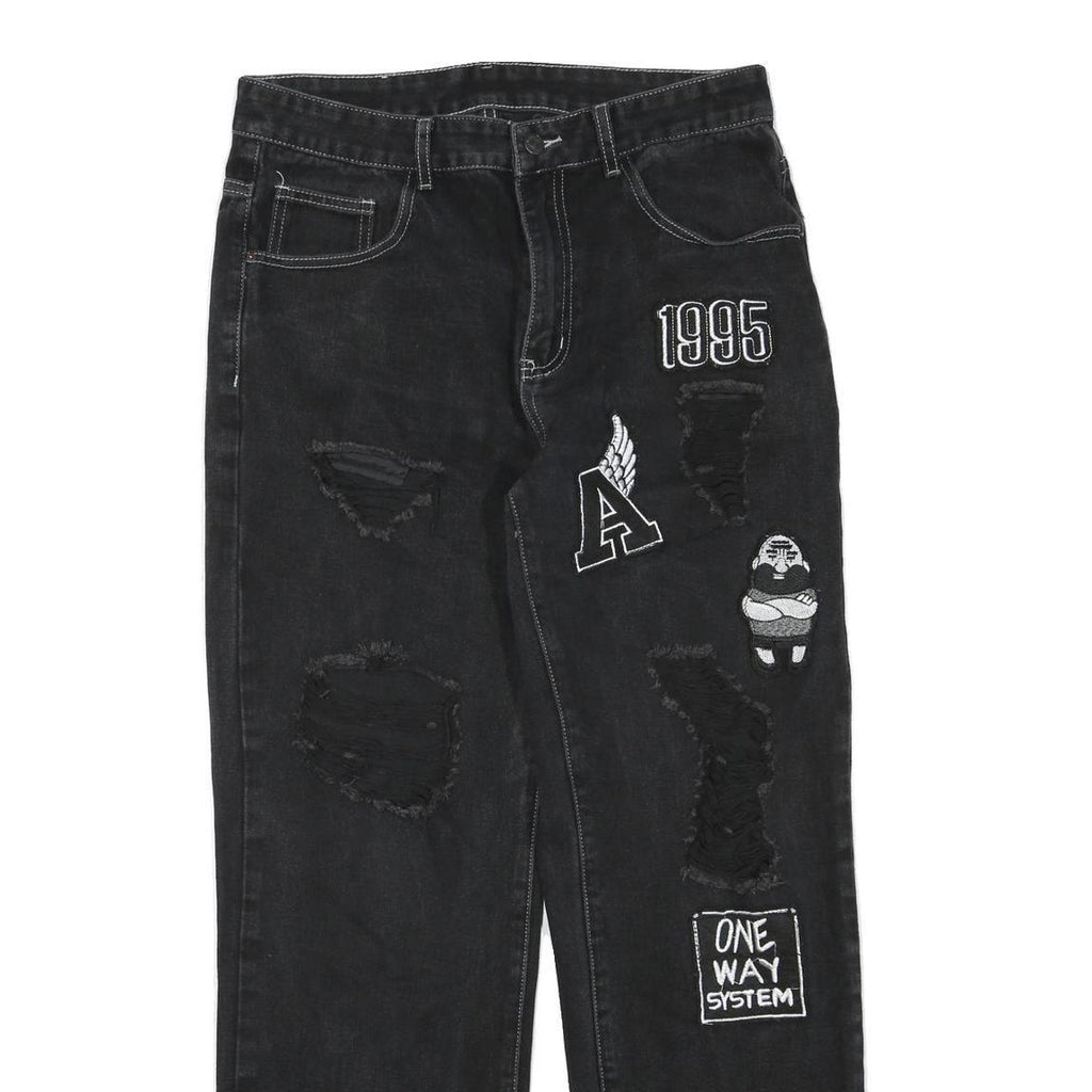 LEVI'S Mens Regular Black Denim Straight Cotton Blend W34 L30 Distressed Patch