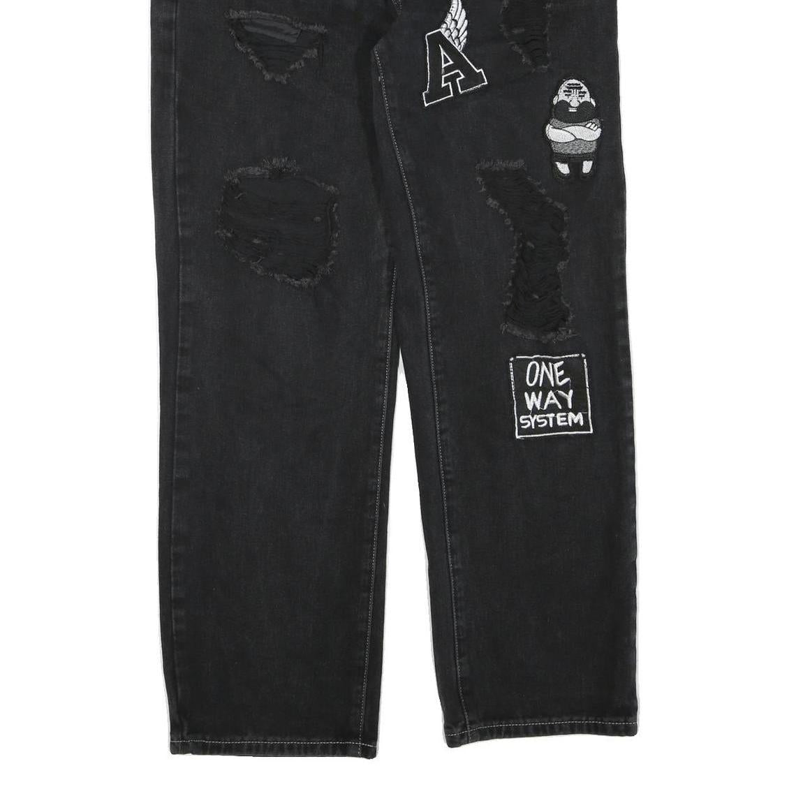 LEVI'S Mens Regular Black Denim Straight Cotton Blend W34 L30 Distressed Patch