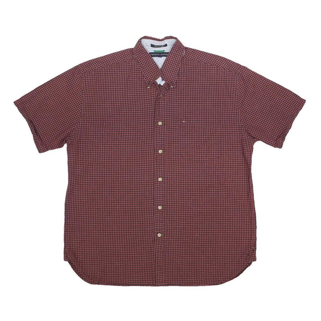 TOMMY HILFIGER Mens Maroon & White Check Shirt L Casual Button-Down Short Sleeve